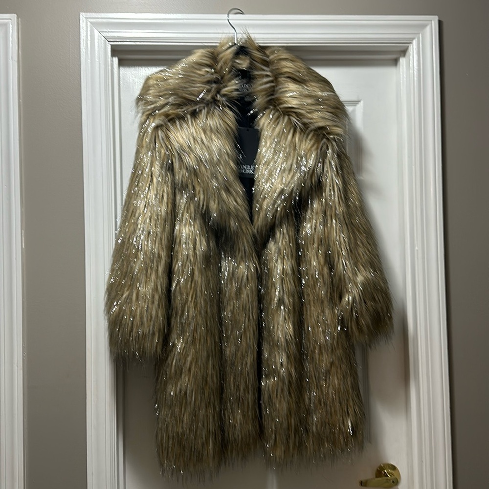 Badgley Mischka fur coat with silver sparkles NWT!!!